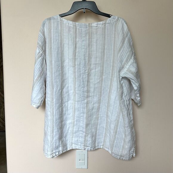 Match Point USA Linen Tunic Lg Short Sleeve Pullover White Striped Boxy - Picture 3 of 6